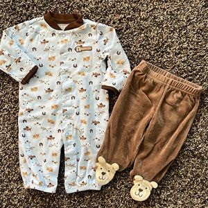 Carter’s Blue One Piece Bodysuit, Brown Pants w/ Feet, Dog Animal Print, 3 Month